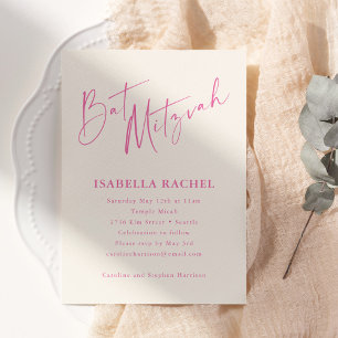 Minimal Script Hot Pink Cream Modern Bat Mitzvah Invitation