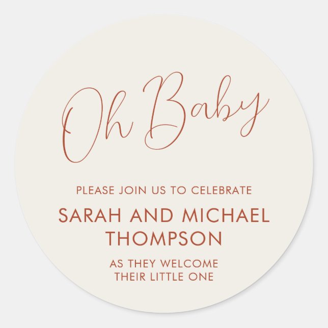 Minimal Script ivory Oh Baby Classic Round Sticker (Front)