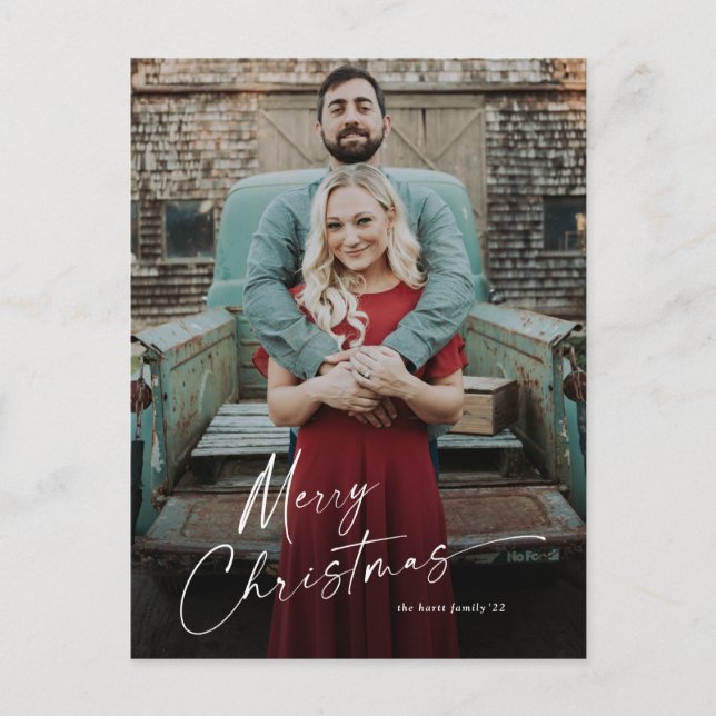 Minimal Script Merry Christmas Photo Holiday Postcard (Front)