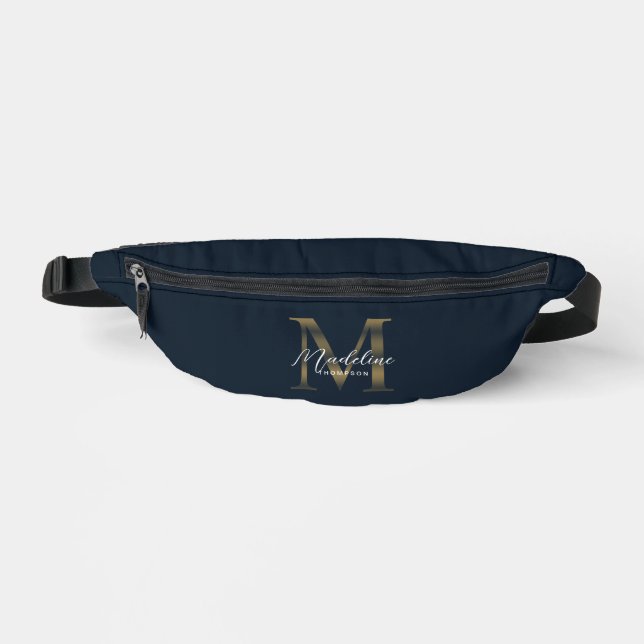 Minimal Script Metallic Navy Blue Gold Monogram Bum Bags (Front)