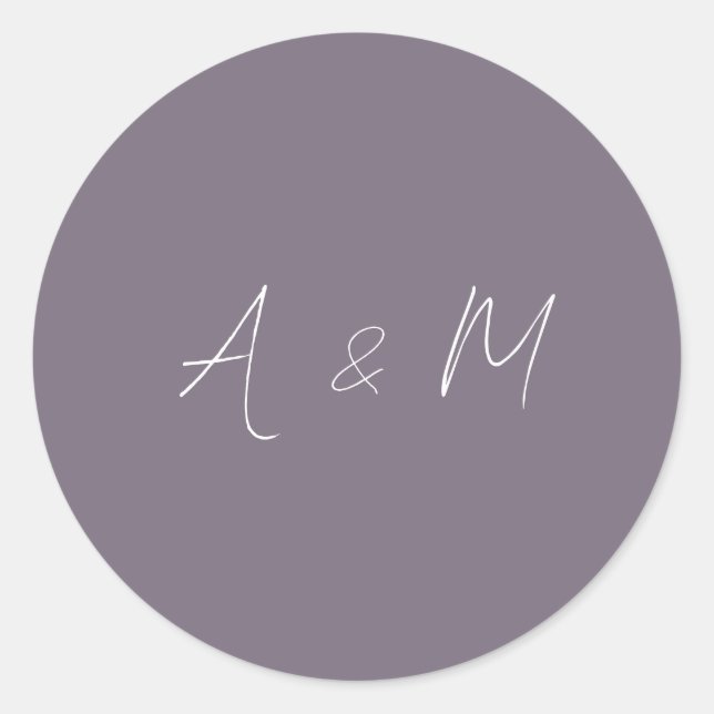 Minimal Script Monogram Boho Dusty Purple Wedding Classic Round Sticker (Front)