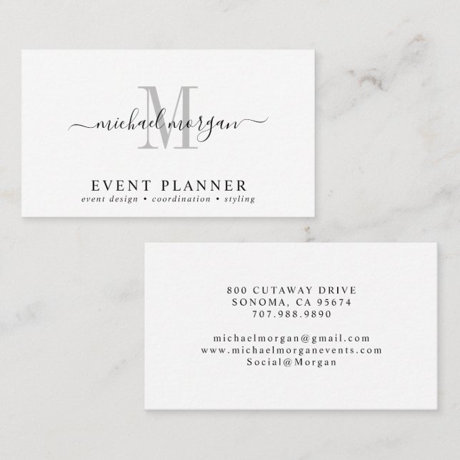 Minimal Script Monogram Event Planner Business Card (Front/Back)