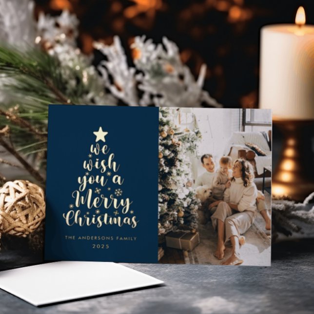 Minimal Script Navy Blue Merry Christmas  Foil Foil Holiday Card (Creator Uploaded)