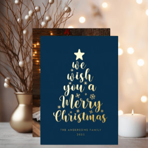 Minimal Script Navy Blue Merry Christmas  Foil Holiday Card