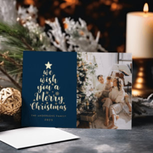 Minimal Script Navy Blue Merry Christmas  Foil Holiday Card
