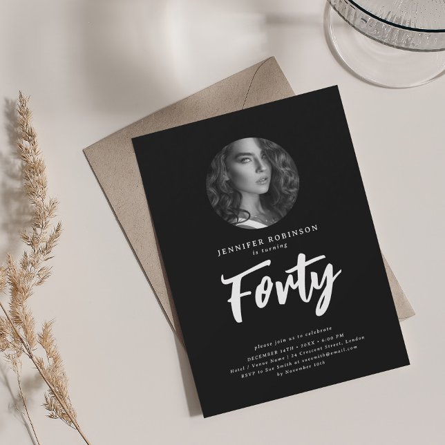 Minimal Script Photo 40th Birthday Party Black  Invitation (Minimal Script Photo 40th Birthday Party Black Invitation)
