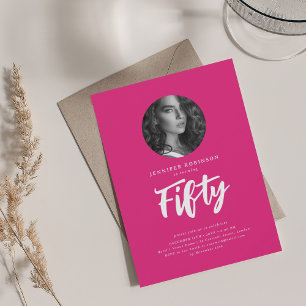 Minimal Script Photo 50th Birthday Party Hot Pink Invitation