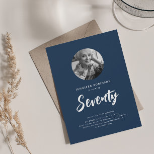 Minimal Script Photo 70th Birthday Navy Blue Invitation