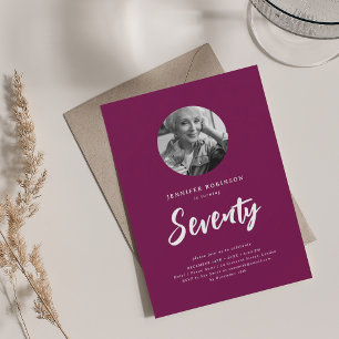 Minimal Script Photo 70th Birthday Party Magenta  Invitation