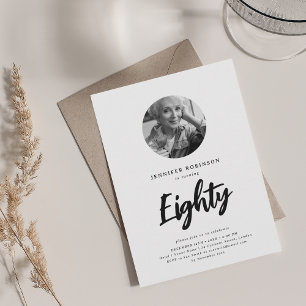 Minimal Script Photo 80th Birthday Black White Invitation