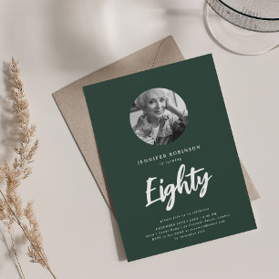 Minimal Script Photo 80th Birthday Emerald Green  Invitation