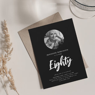 Minimal Script Photo 80th Birthday Party Black Invitation