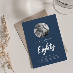 Minimal Script Photo 80th Birthday Party Navy Invitation