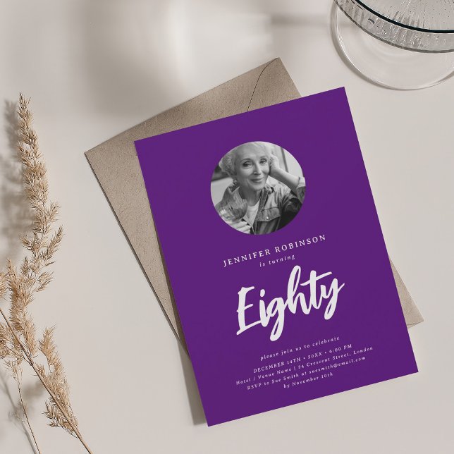 Minimal Script Photo 80th Birthday Party Purple  Invitation (Minimal Script Photo 80th Birthday Party Purple Invitation)