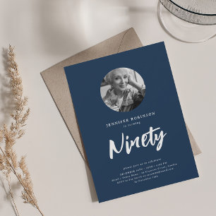 Minimal Script Photo 90th Birthday Navy Blue  Invitation