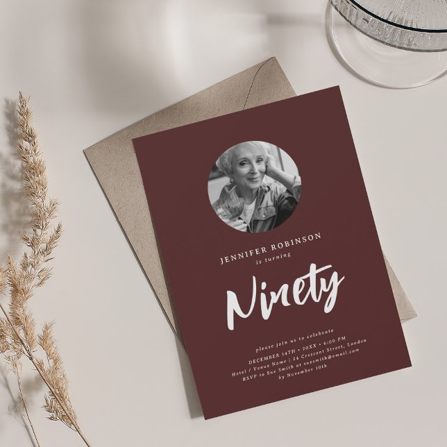 Minimal Script Photo 90th Birthday Party Burgundy  Invitation (Minimal Script Photo 90th Birthday Party Burgundy Invitation)