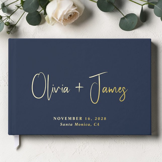 Minimal Script Photo Blue Wedding Guest Book (Minimal Script Photo Blue Wedding Foil Guest Book)