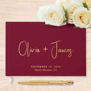 Minimal Script Photo Burgundy Wedding Guest Book