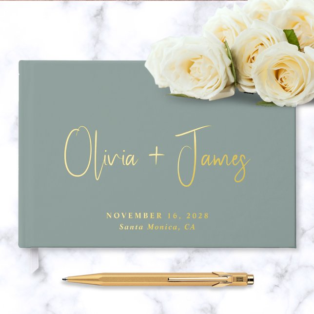 Minimal Script Photo Sage Green Wedding Guest Book (Creator Uploaded)