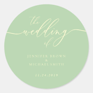 Minimal Script Pistachio & Cream Wedding Classic Round Sticker