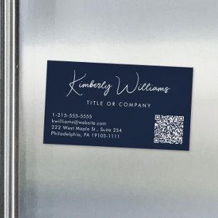 Minimal Script QR Code Professional Blue Magnetic Business Card