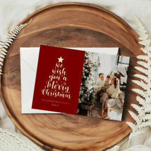 Minimal Script Red Gold Real Foil Merry Christmas  Holiday Card