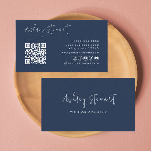 Minimal Script Sicial Media Qr Code Navy Blue Business Card
