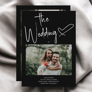 Minimal Script Signature Heart Photo Black Wedding Invitation