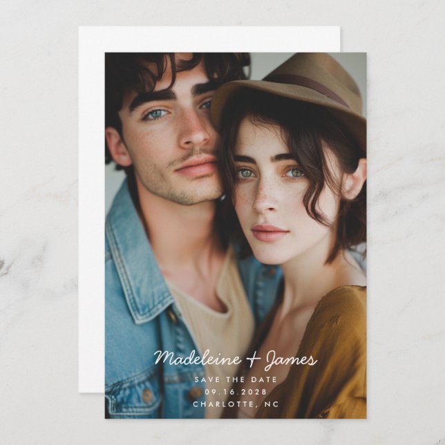 Minimal Script Simple Modern Full Photo Wedding Save The Date (Front/Back)
