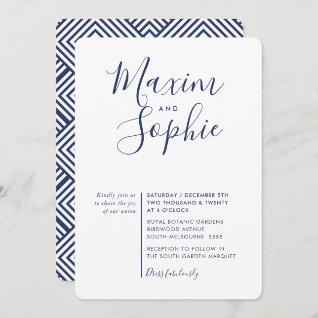 MINIMAL SCRIPT simple modern wedding navy blue Invitation (Front/Back)