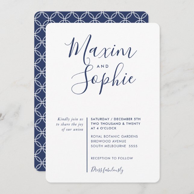 MINIMAL SCRIPT simple modern wedding navy blue Invitation (Front/Back)