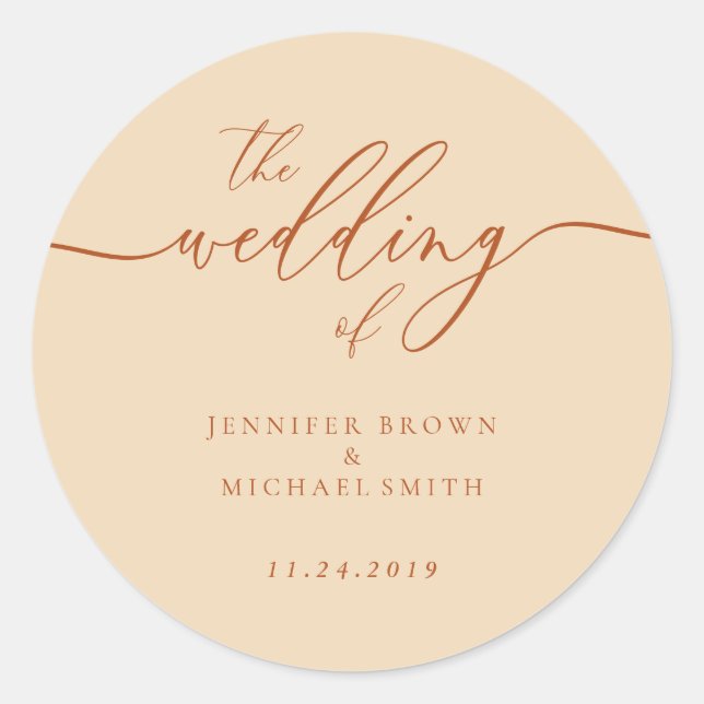 Minimal script Simple Wedding party terracotta Classic Round Sticker (Front)