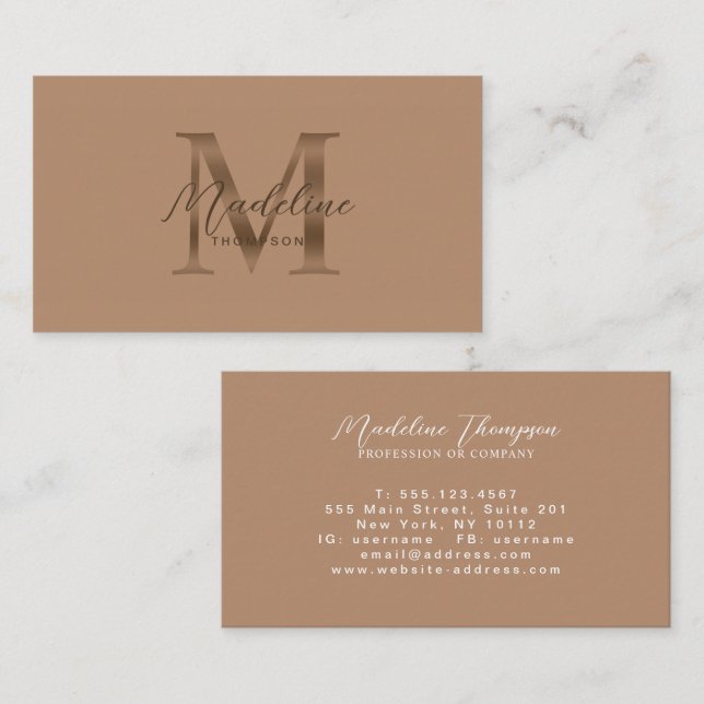 Minimal Script Taupe Metallic Gold Monogram Business Card (Front/Back)