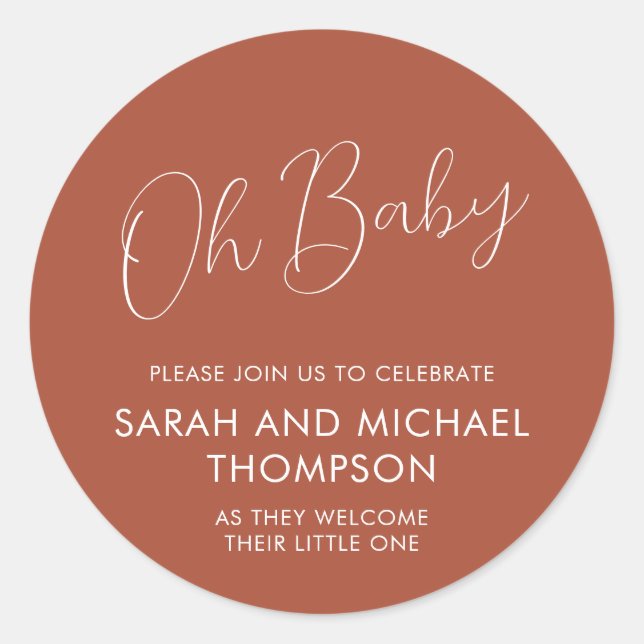 Minimal Script Terracotta Oh Baby Classic Round Sticker (Front)