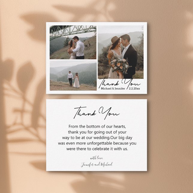 minimal script thank you 3 photos collage wedding  card (Creator Uploaded)
