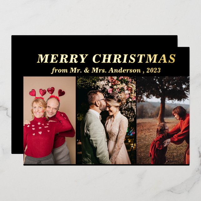 Minimal Script Three Photo black Merry Christmas  (Front/Back)
