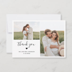 Minimal Script Two Photo With Heart Wedding Thank You Card