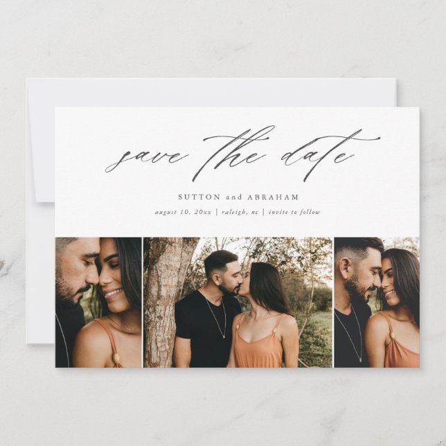 Minimal Script Wedding 3 Photo Save The Date (Front)