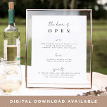 Minimal Script Wedding Bar Menu Sign<br><div class="desc">Invite your guests to grab a favourite libation from the bar with our charming wedding bar menu sign. 11x14 poster features "the bar is open" in crisp black calligraphy script and block lettering. Personalise with your drink selections beneath.</div>