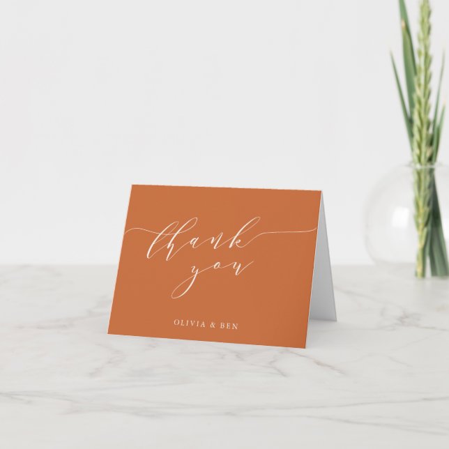 Minimal Script Wedding Custom Message Burnt Orange Thank You Card (Front)