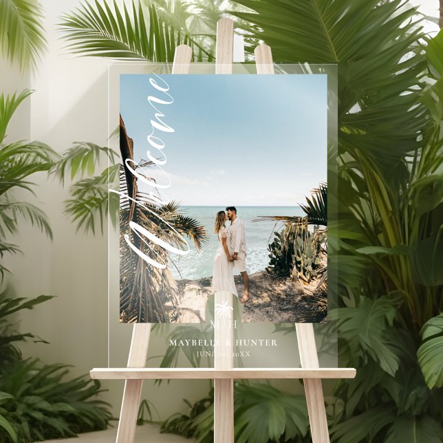 Minimal Script Welcome Wedding Photo Palm Monogram Acrylic Sign (Minimal Script Welcome Wedding Photo Palm Monogram Acrylic Sign)