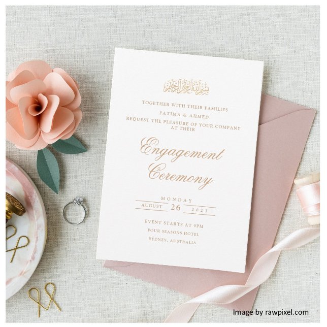 Minimal Script White Gold Muslim Engagement Party Invitation (Creator Uploaded)