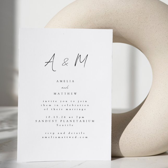 Minimal Script White Monogram Typography Wedding Invitation (Creator Uploaded)