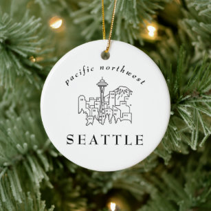 Minimal Seattle Skyline Outline Pacific Northwest Ceramic Tree Decoration