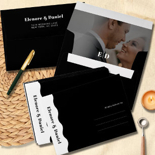Minimal Side Wave Black and White Photo Wedding Envelope