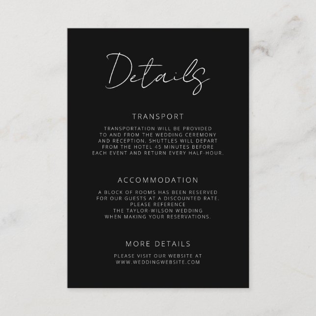Minimal Signature Script Black Wedding Details Enclosure Card (Front)
