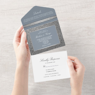 Minimal Silver and Dusty Blue Wedding All In One Invitation