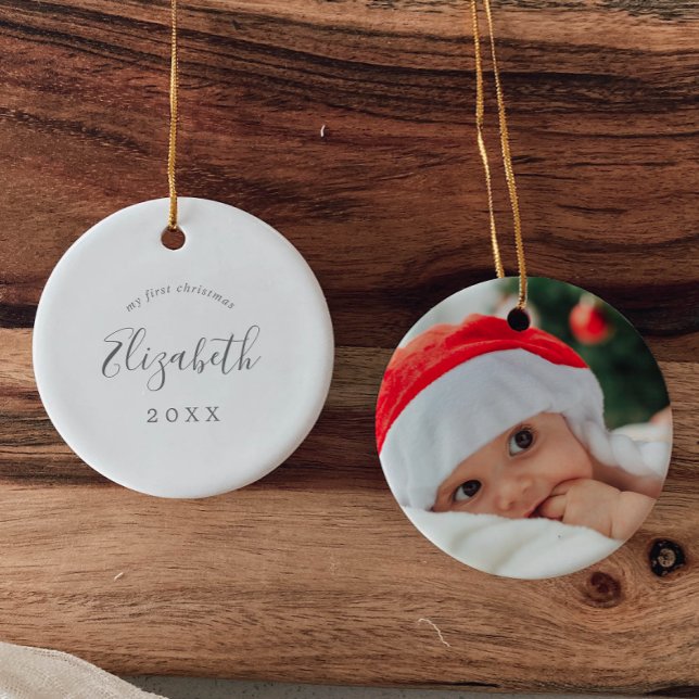 Minimal Silver Baby's 1st Christmas Newborn Photo Ceramic Tree Decoration (Creator Uploaded)