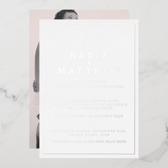 Minimal silver foil on white vertical text wedding (Front/Back)