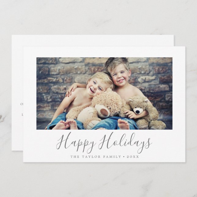 Minimal Silver Happy Holidays Year In Review Holiday Card (Front/Back)